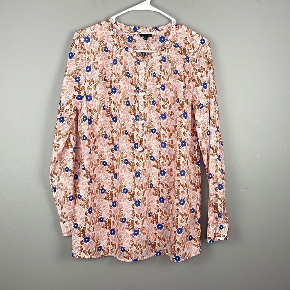 Talbots Pink and Brown Floral Pintuck Buttoned Long Sleeve Blouse. Size Large.